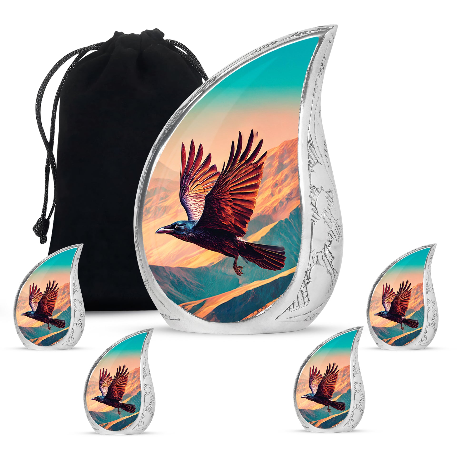 Jewel Teal Crow Cremation Urn side profile showing urn shape - flowing teardrop crow silhouette on curved aluminum - memorial set with one large and four small urns
