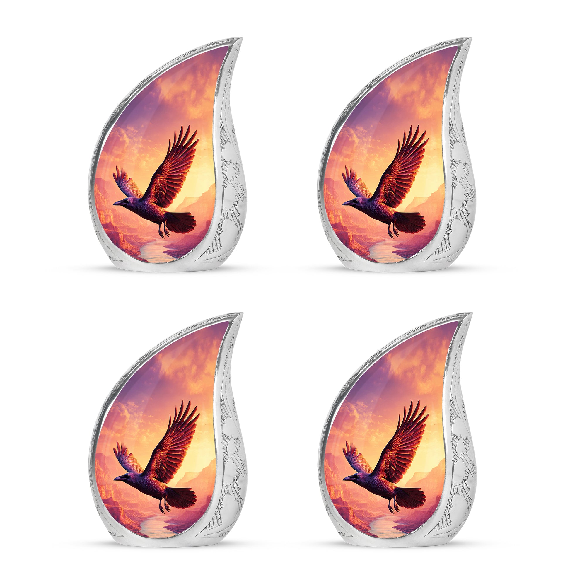Lavender Purple Crow Cremation Urn close-up of engraving and surface detail - graceful tear-shaped urn with crow motif - 10 inch aluminum urn for cremated remains