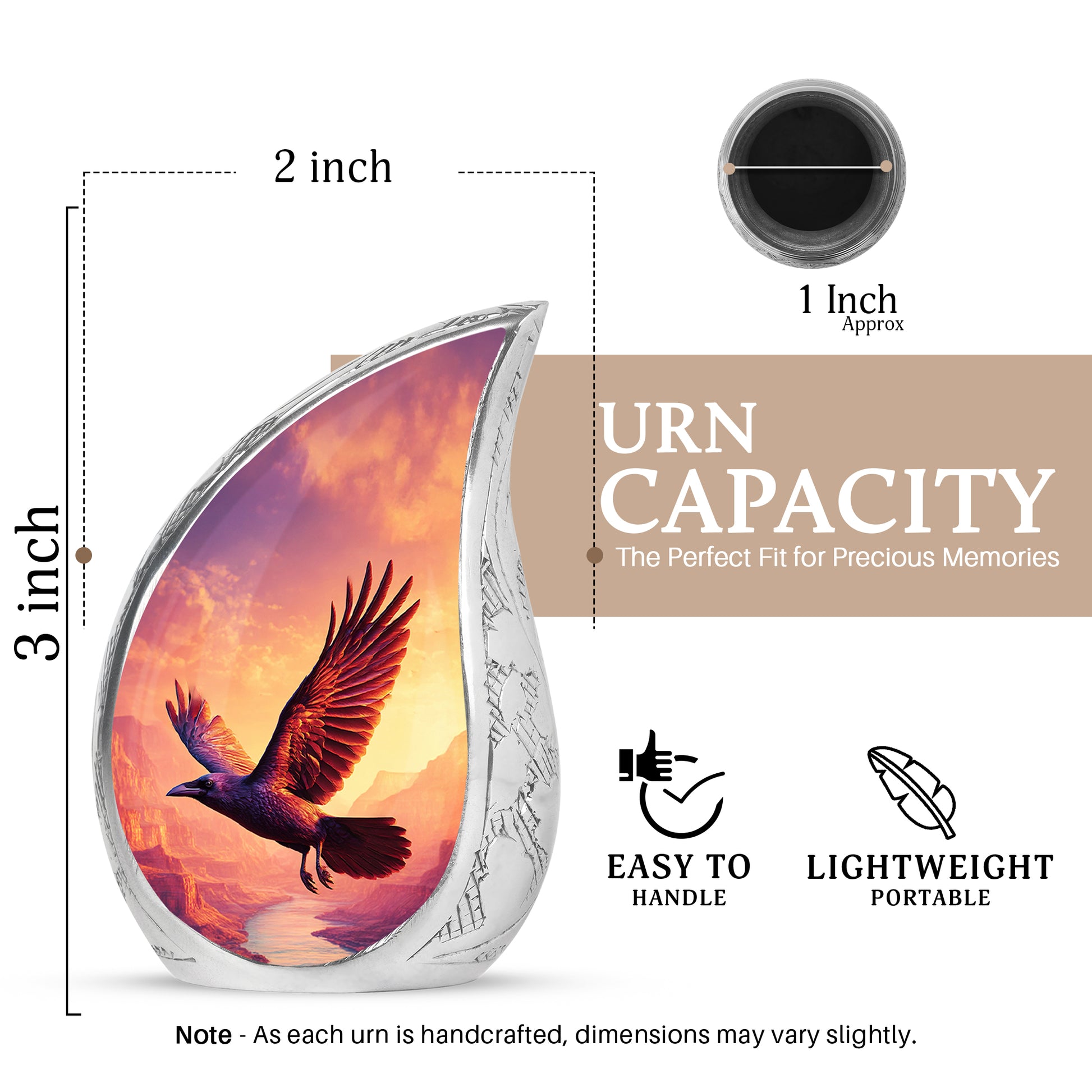 Grape Purple Crow Cremation Urn angled view of lid and engraved motif - graceful tear-shaped urn with crow motif - mini keepsake memorial for portion of cremation ashes