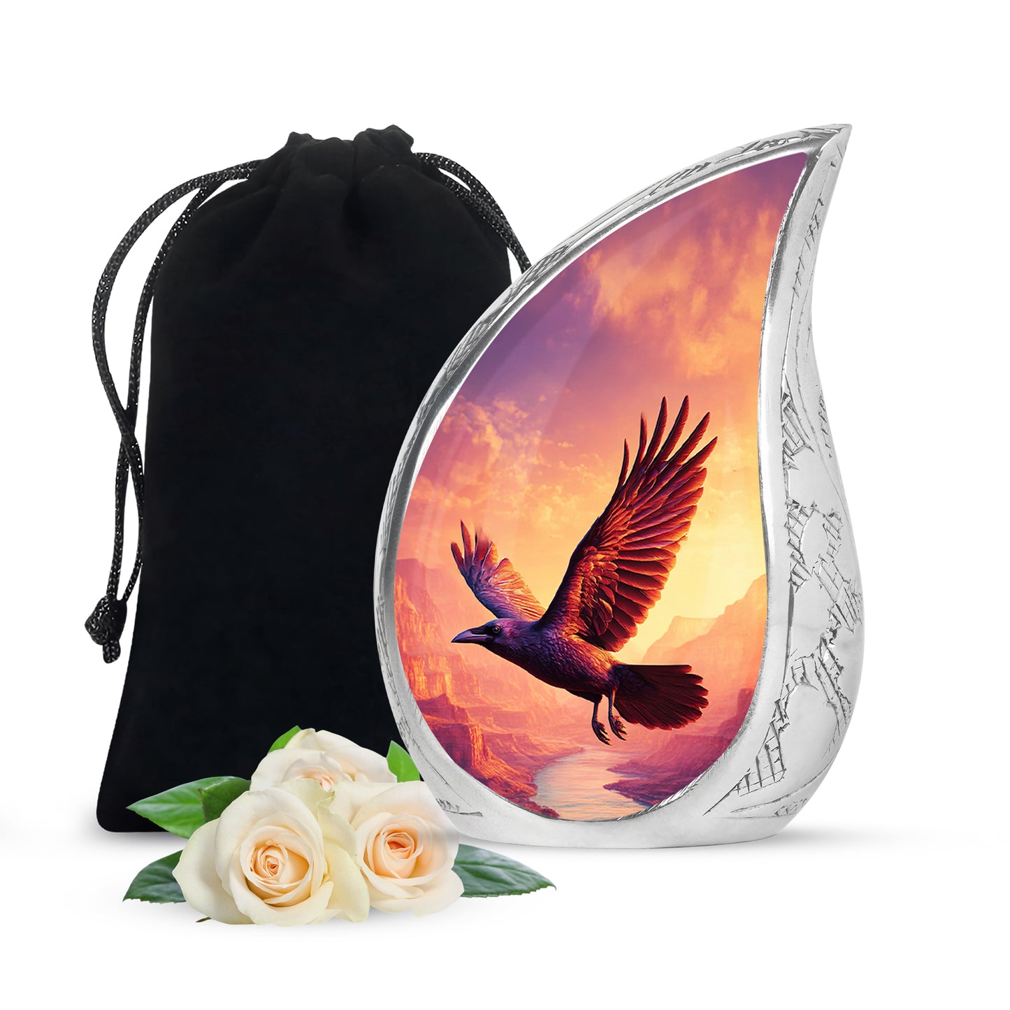 Orchid Purple Crow Cremation Urn front view showing detailed design - rounded teardrop crow design with delicate detail - full-size 10 inch 200 cubic inch adult cremation urn