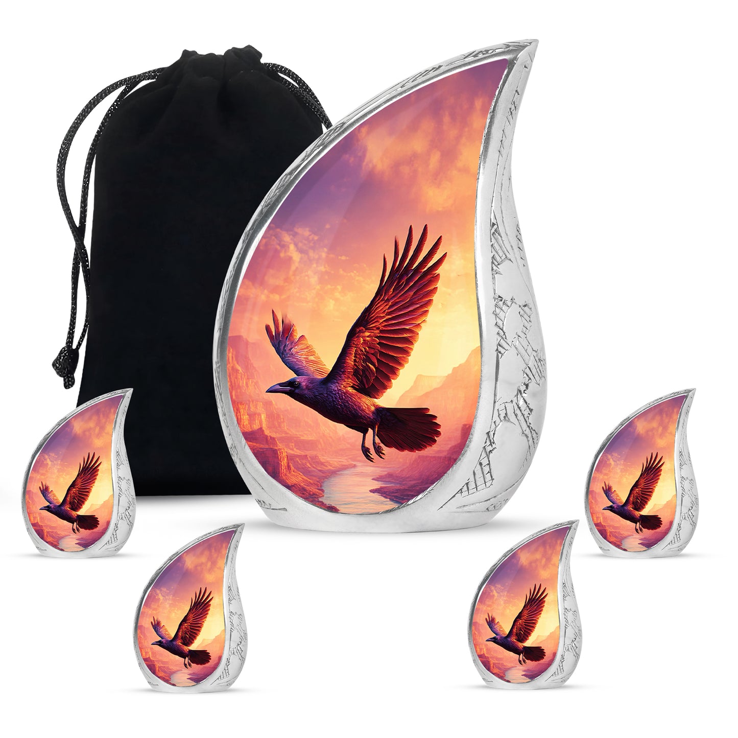 Orchid Purple Crow Cremation Urn side profile showing urn shape - flowing teardrop crow silhouette on curved aluminum - memorial set with one large and four small urns
