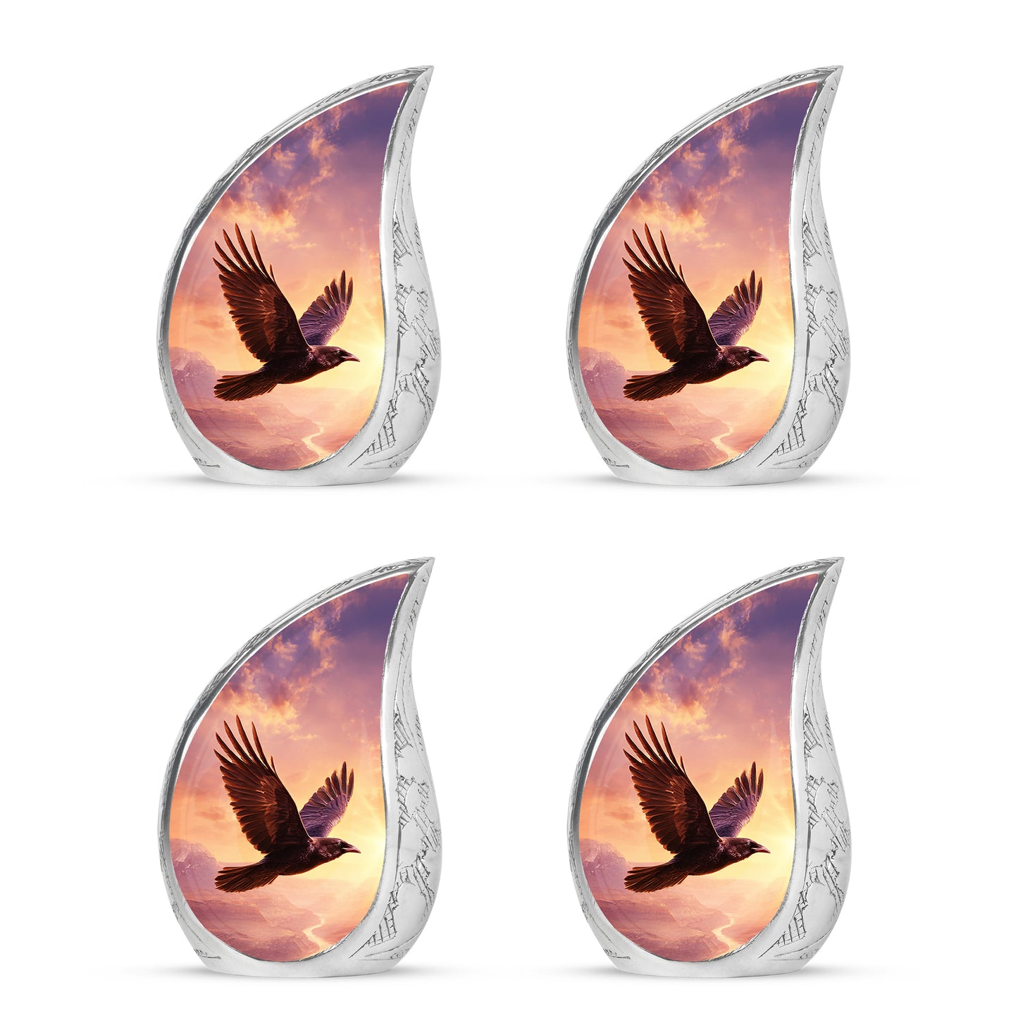 Petal Pink Crow Cremation Urn close-up of engraving and surface detail - smooth teardrop contour featuring crow art - 10 inch aluminum urn for cremated remains