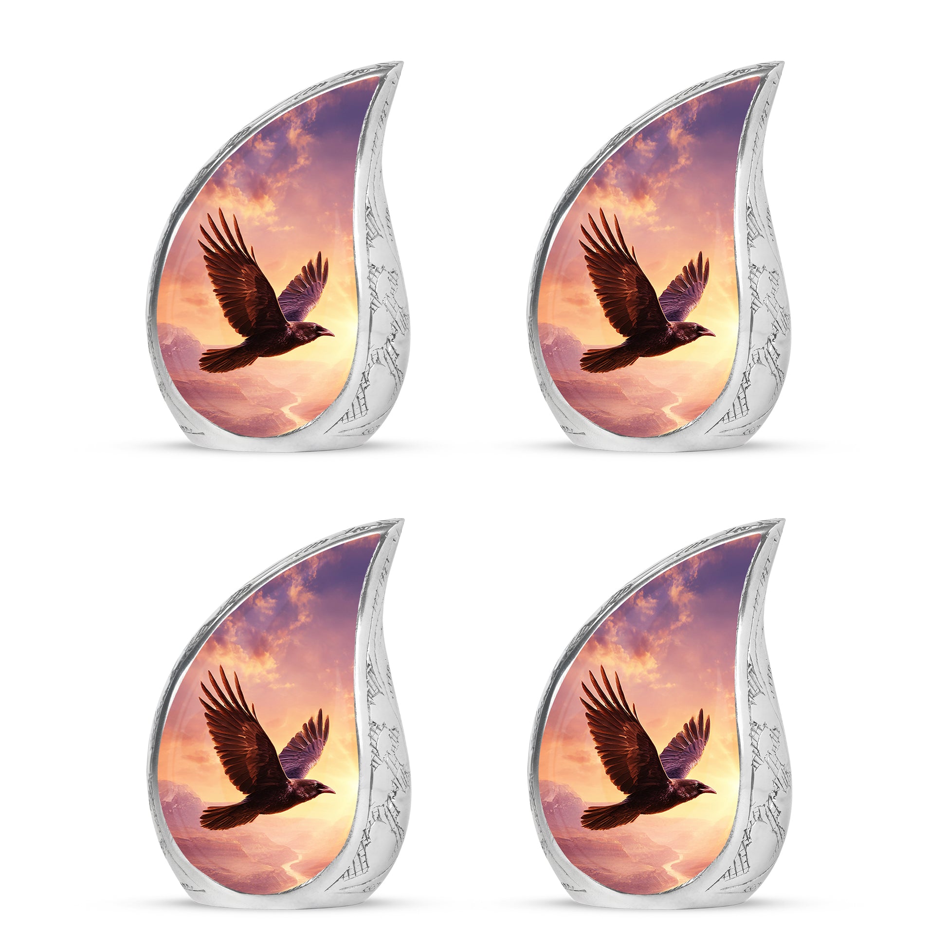 Petal Pink Crow Cremation Urn close-up of engraving and surface detail - smooth teardrop contour featuring crow art - 10 inch aluminum urn for cremated remains