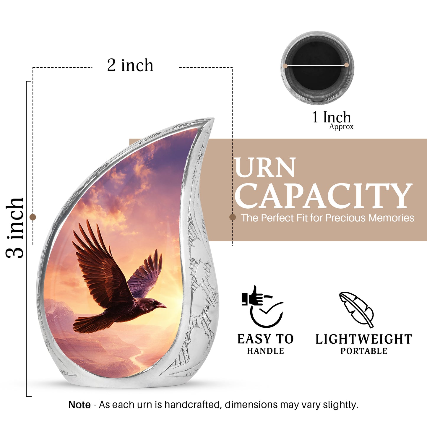 Vintage Pink Crow Cremation Urn angled view of lid and engraved motif - smooth teardrop contour featuring crow art - mini keepsake memorial for portion of cremation ashes