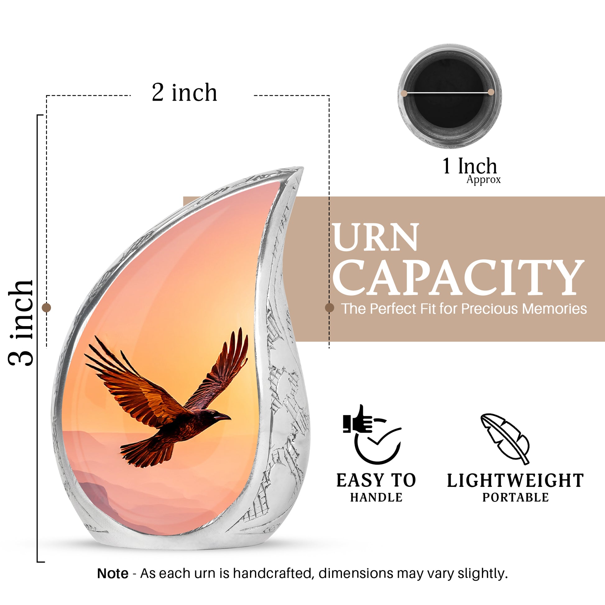 Crimson Red Crow Cremation Urn angled view of lid and engraved motif - flowing teardrop crow silhouette on curved aluminum - mini keepsake memorial for portion of cremation ashes