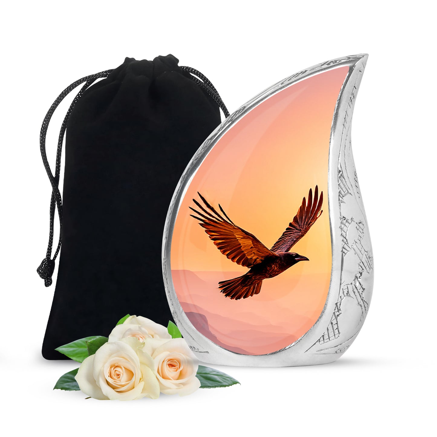 Burgundy Red Crow Cremation Urn front view showing detailed design - rounded teardrop crow design with delicate detail - full-size 10 inch 200 cubic inch adult cremation urn