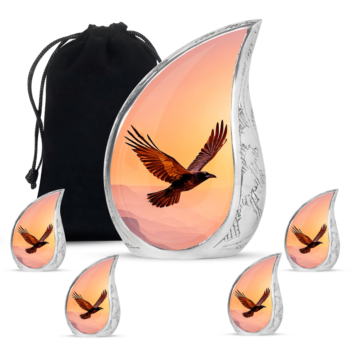 Burgundy Red Crow Cremation Urn side profile showing urn shape - rounded teardrop crow design with delicate detail - memorial set with one large and four small urns