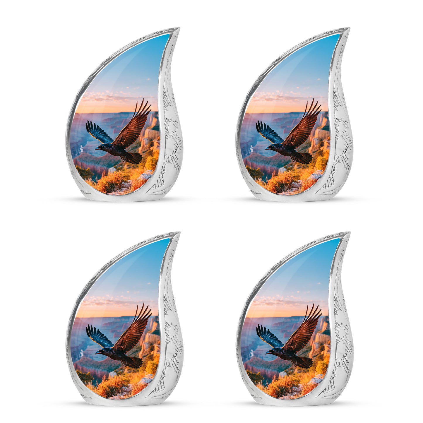 Steel Blue Crow Cremation Urn close-up of engraving and surface detail - smooth teardrop contour featuring crow art - 10 inch aluminum urn for cremated remains