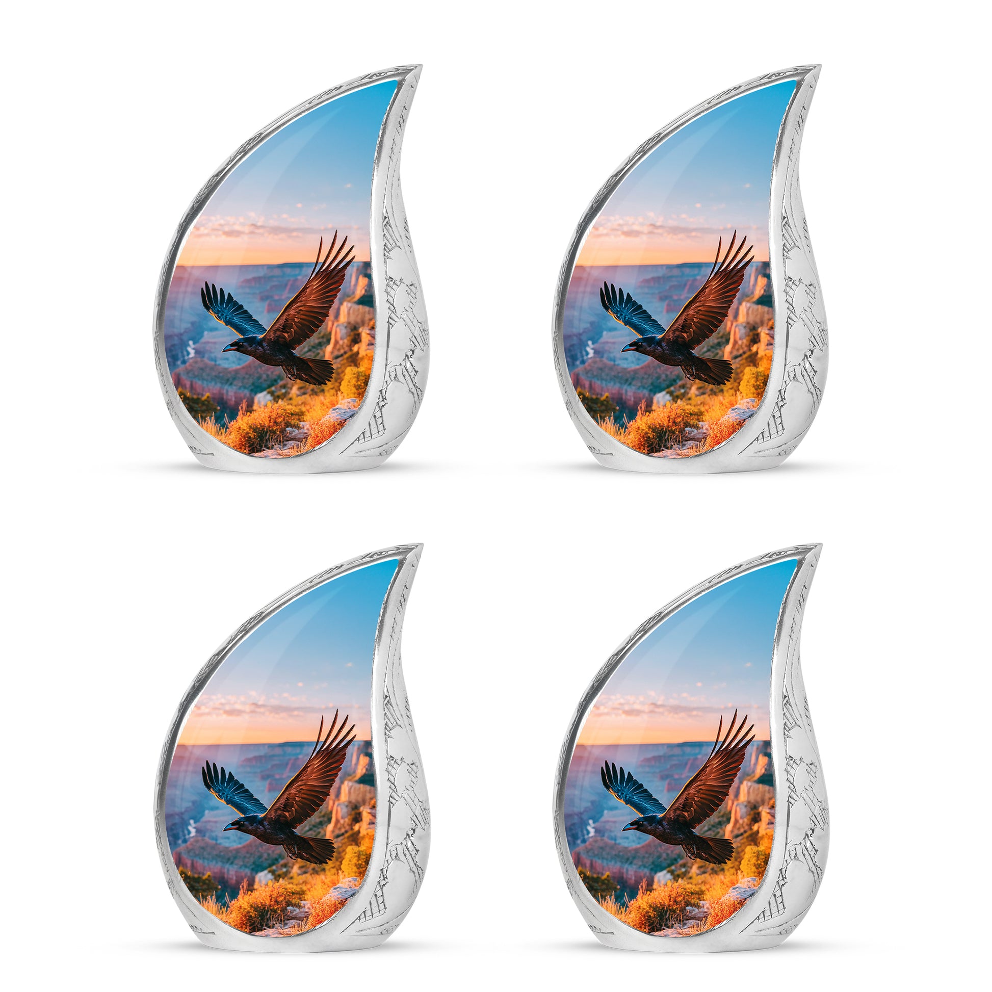 Steel Blue Crow Cremation Urn close-up of engraving and surface detail - smooth teardrop contour featuring crow art - 10 inch aluminum urn for cremated remains