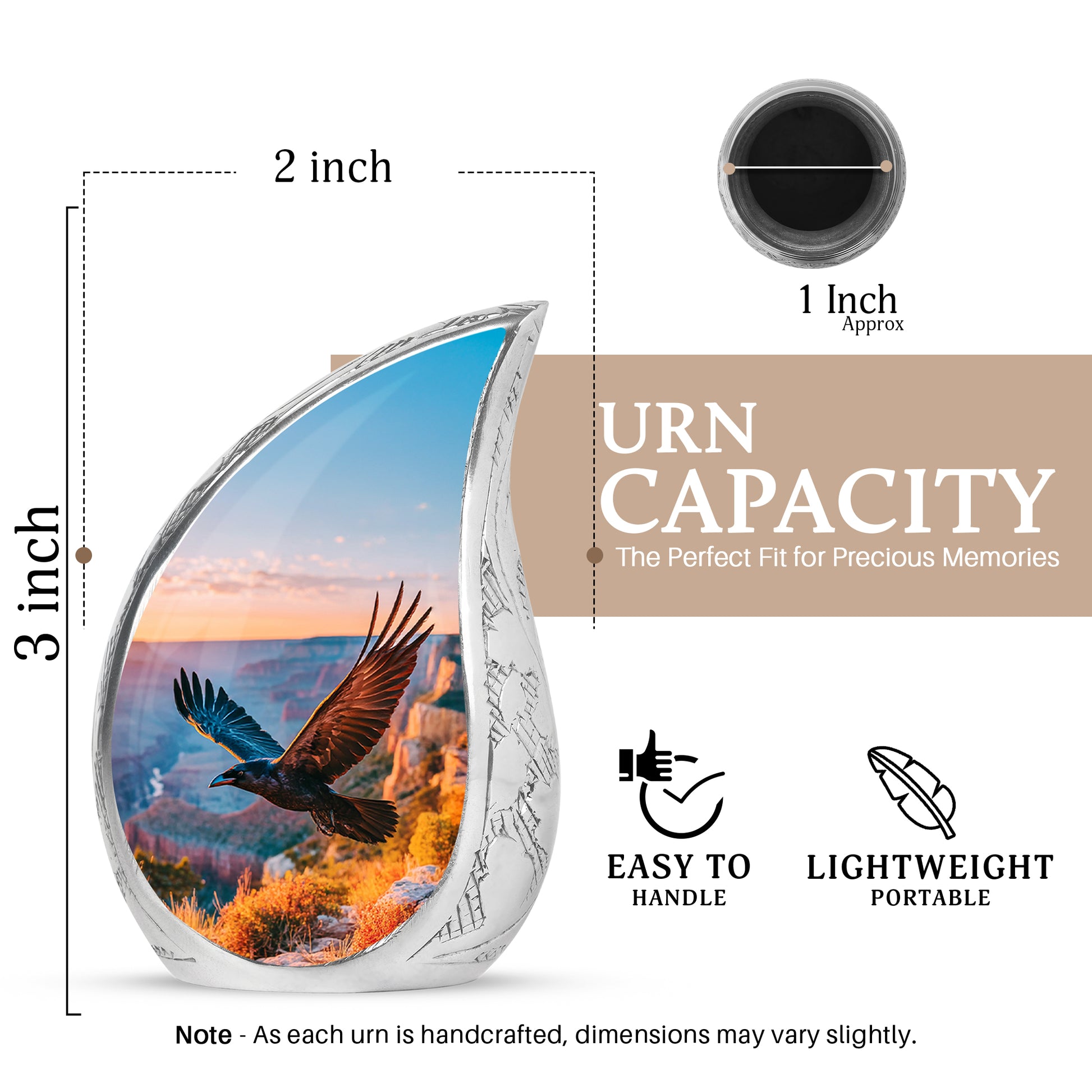 Powder Blue Crow Cremation Urn angled view of lid and engraved motif - flowing teardrop crow silhouette on curved aluminum - mini keepsake memorial for portion of cremation ashes