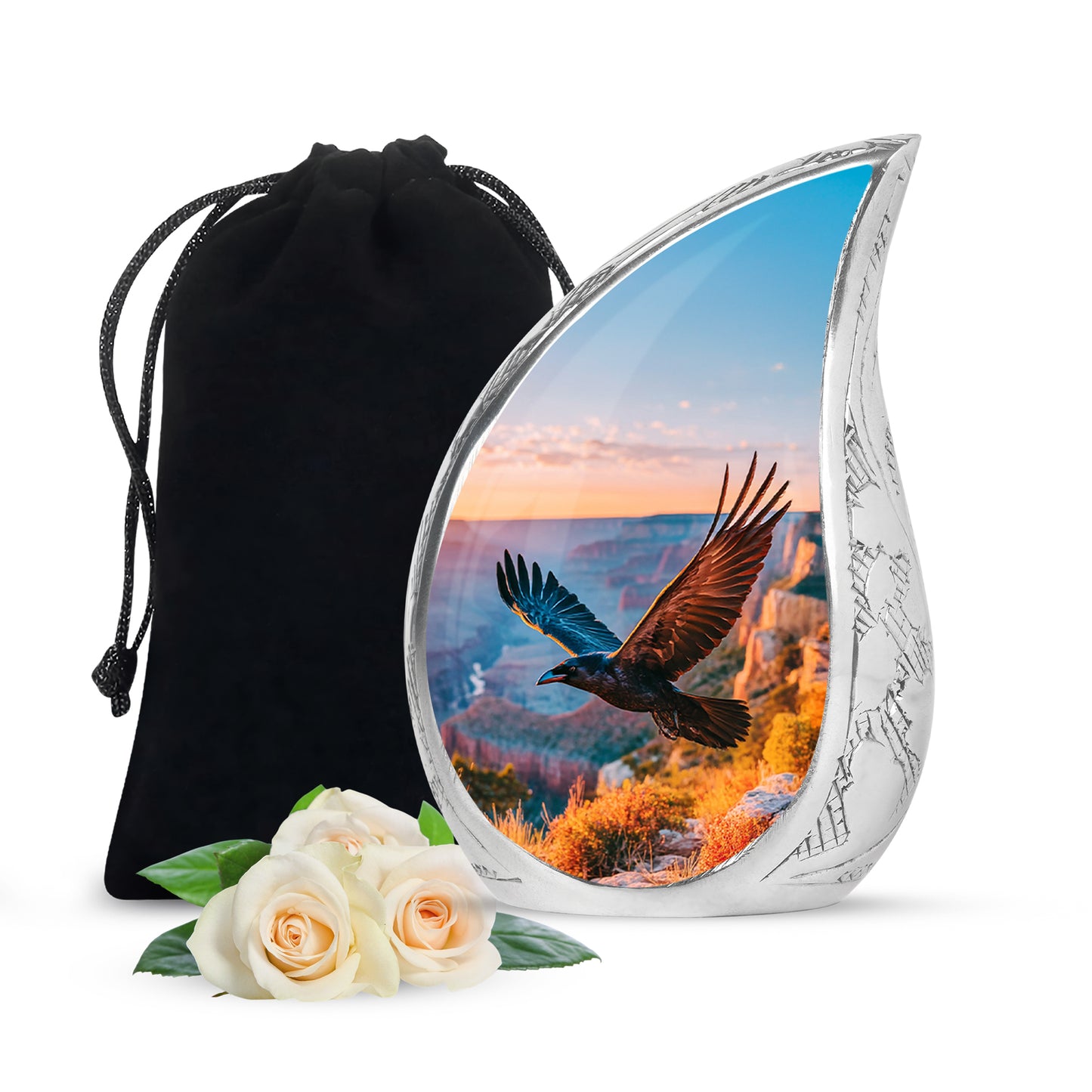 Calming Blue Crow Cremation Urn front view showing detailed design - graceful tear-shaped urn with crow motif - full-size 10 inch 200 cubic inch adult cremation urn