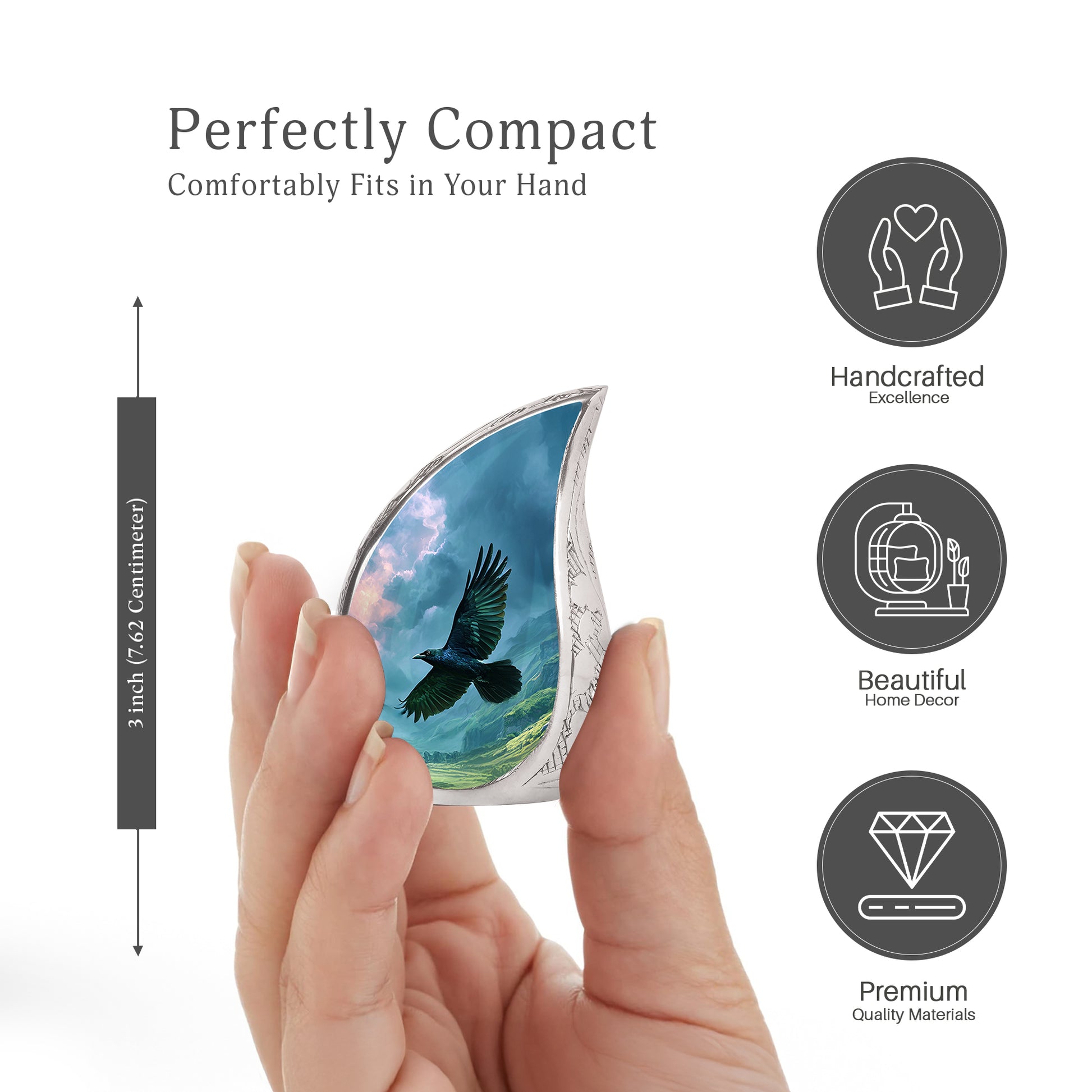 Vivid Blue Crow Cremation Urn angled view of lid and engraved motif - smooth teardrop contour featuring crow art - mini keepsake memorial for portion of cremation ashes