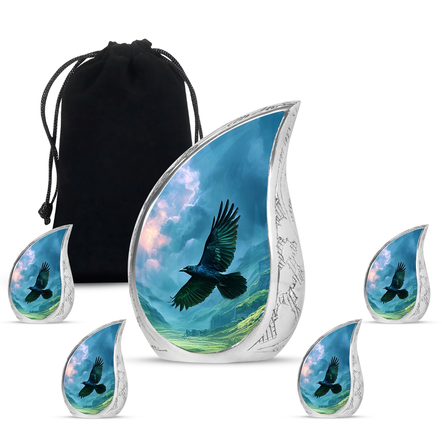 Royal Blue Crow Cremation Urn side profile showing urn shape - smooth teardrop contour featuring crow art - memorial set with one large and four small urns