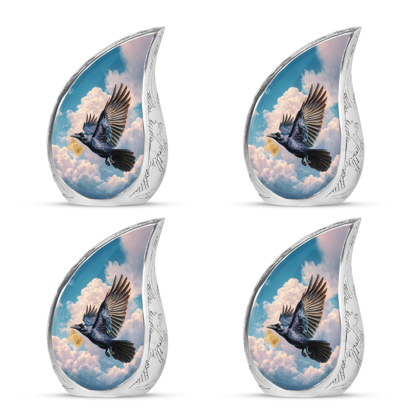 Slate Blue Crow Cremation Urn close-up of engraving and surface detail - flowing teardrop crow silhouette on curved aluminum - 10 inch aluminum urn for cremated remains