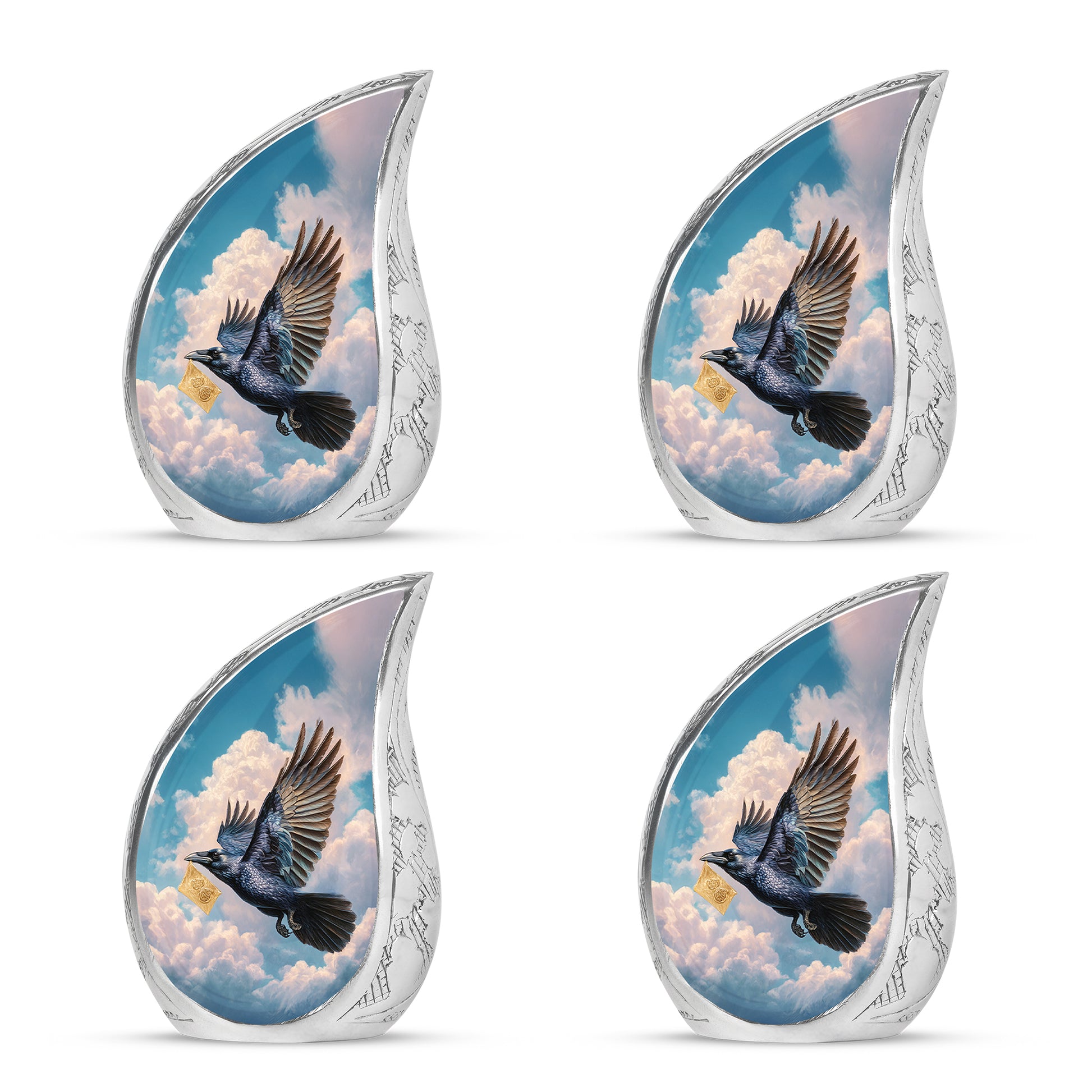 Slate Blue Crow Cremation Urn close-up of engraving and surface detail - flowing teardrop crow silhouette on curved aluminum - 10 inch aluminum urn for cremated remains