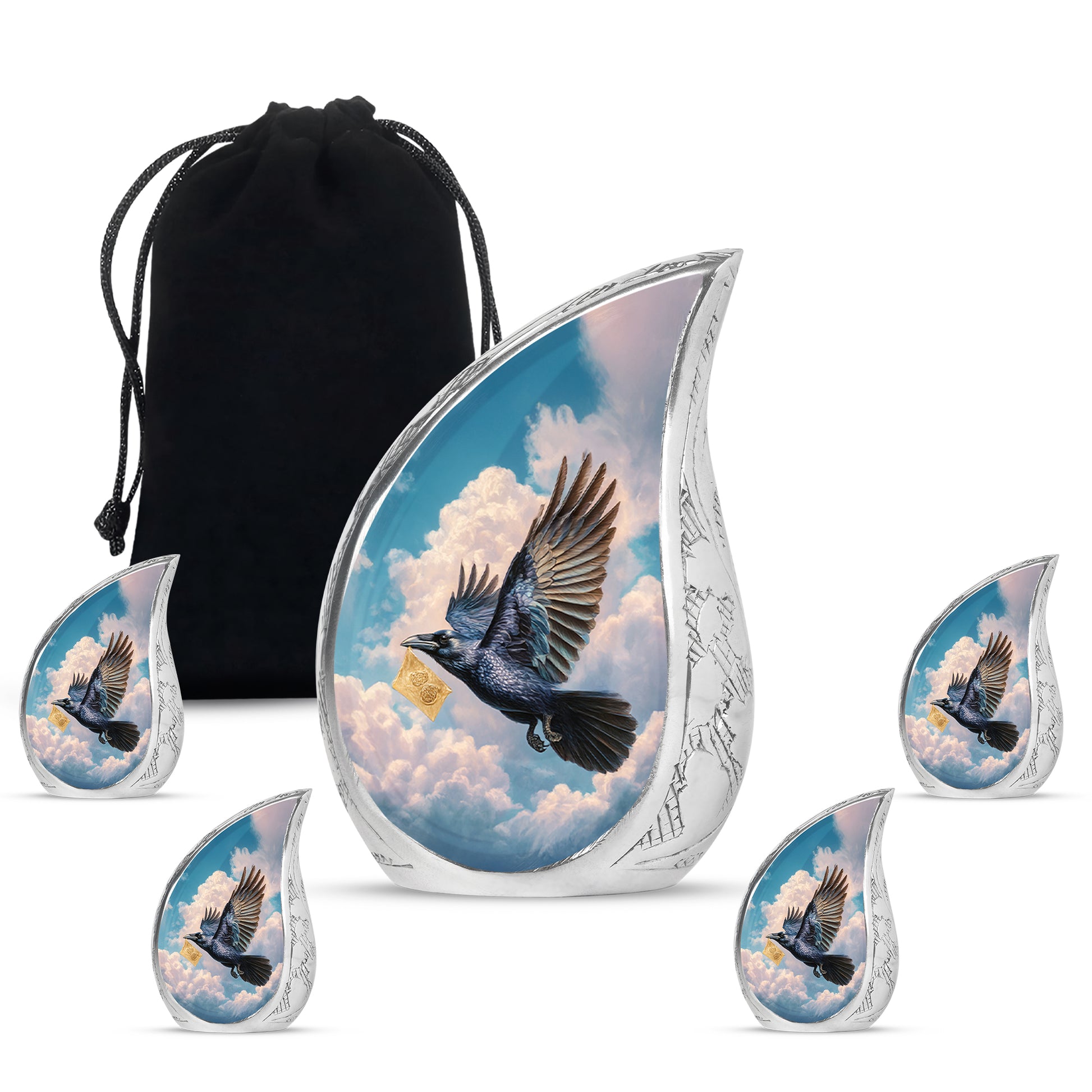 Sapphire Blue Crow Cremation Urn side profile showing urn shape - graceful tear-shaped urn with crow motif - memorial set with one large and four small urns