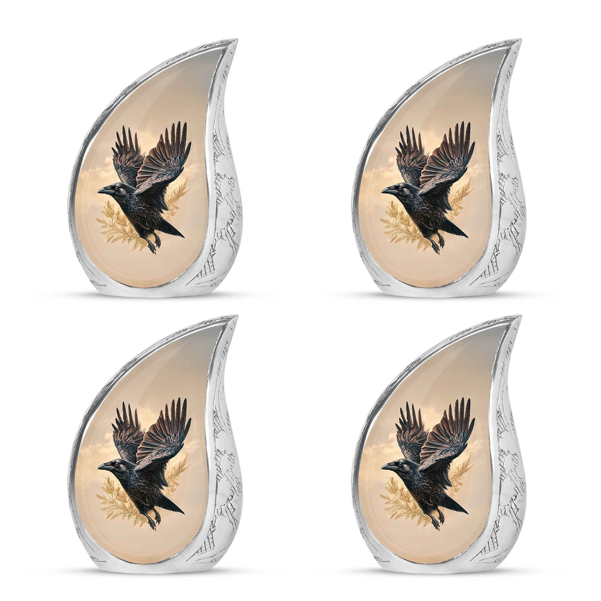 Gilded Gold Crow Cremation Urn close-up of engraving and surface detail - flowing teardrop crow silhouette on curved aluminum - 10 inch aluminum urn for cremated remains