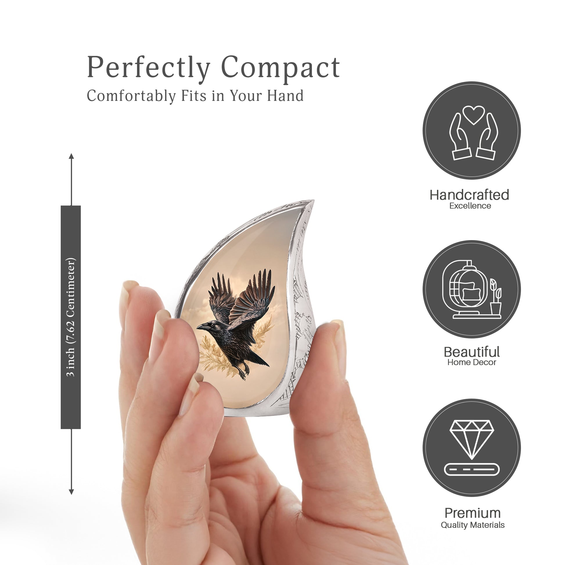 Champagne Gold Crow Cremation Urn angled view of lid and engraved motif - flowing teardrop crow silhouette on curved aluminum - mini keepsake memorial for portion of cremation ashes