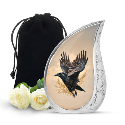 Sunrise Gold Crow Cremation Urn front view showing detailed design - rounded teardrop crow design with delicate detail - full-size 10 inch 200 cubic inch adult cremation urn