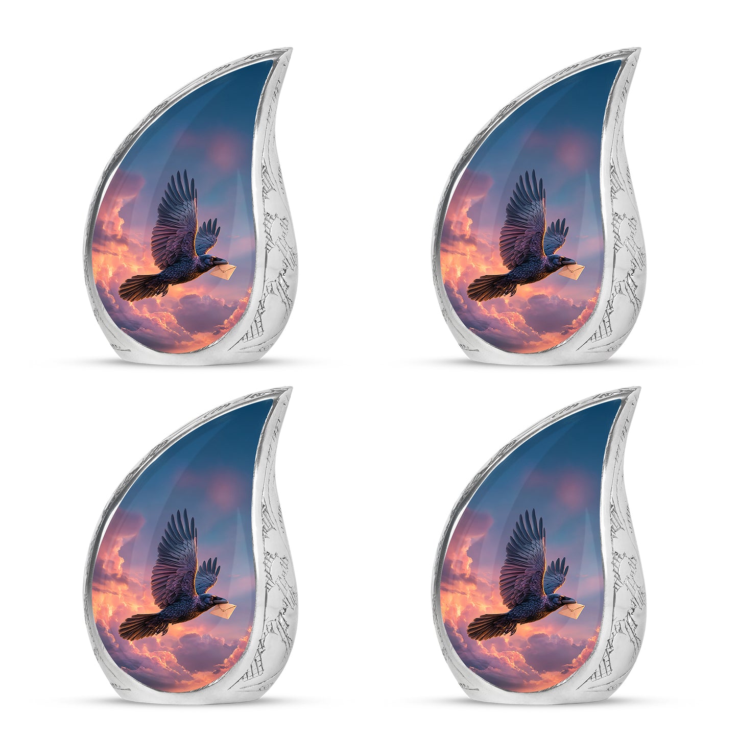 Misty Blue Crow Cremation Urn close-up of engraving and surface detail - flowing teardrop crow silhouette on curved aluminum - 10 inch aluminum urn for cremated remains