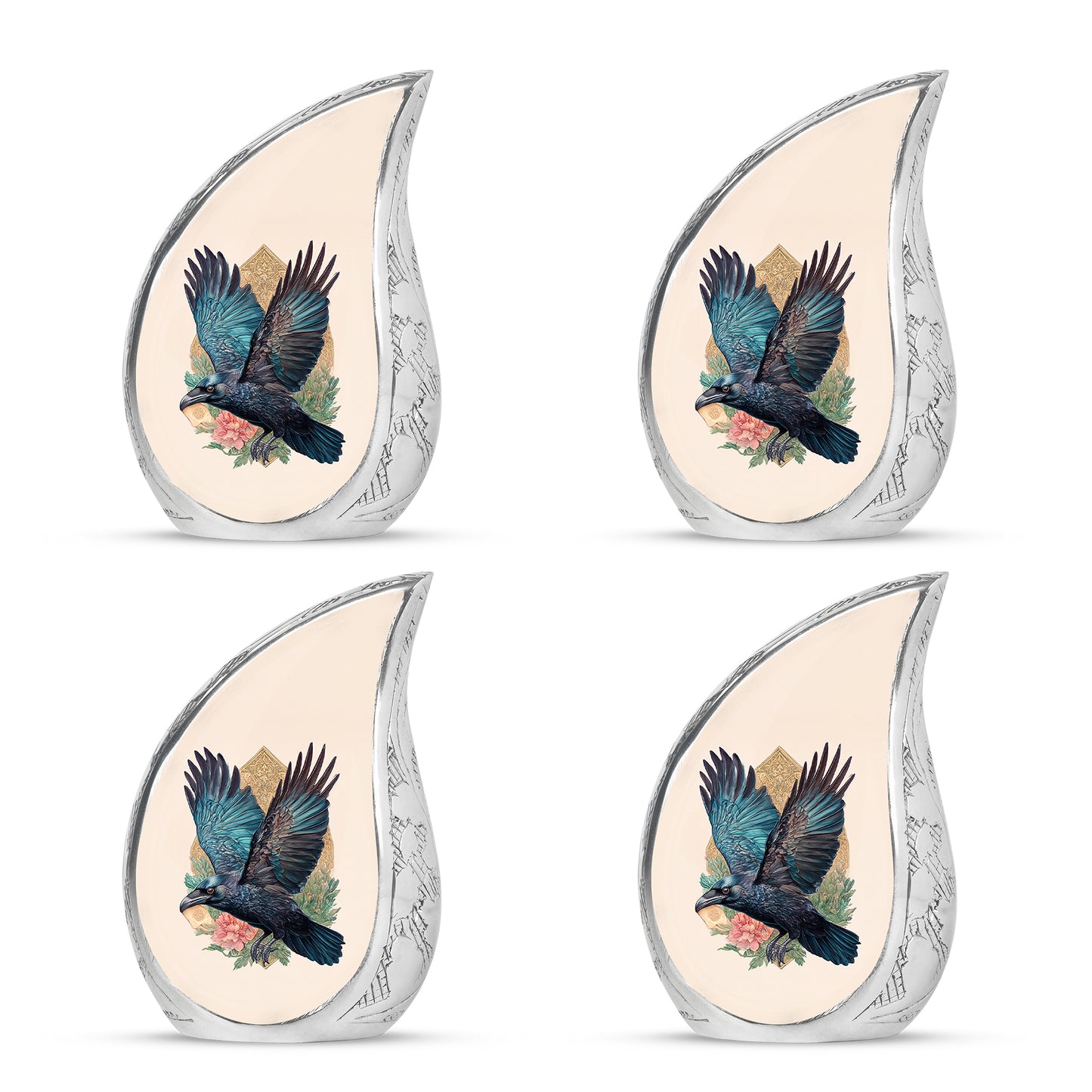 Amber Gold Crow Cremation Urn close-up of engraving and surface detail - rounded teardrop crow design with delicate detail - 10 inch aluminum urn for cremated remains