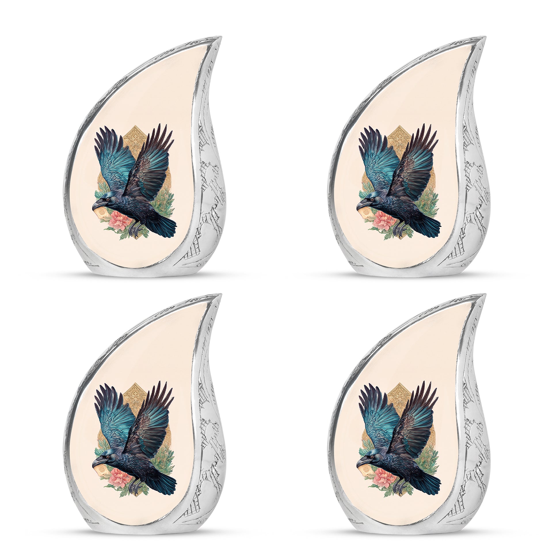 Amber Gold Crow Cremation Urn close-up of engraving and surface detail - rounded teardrop crow design with delicate detail - 10 inch aluminum urn for cremated remains