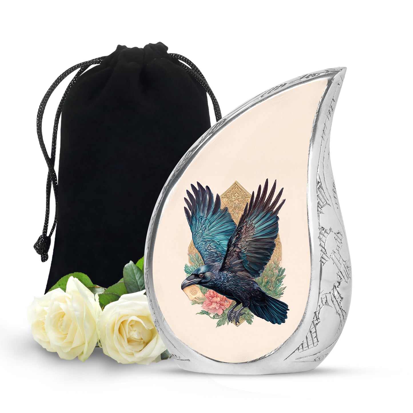 Sunrise Gold Crow Cremation Urn front view showing detailed design - flowing teardrop crow silhouette on curved aluminum - full-size 10 inch 200 cubic inch adult cremation urn