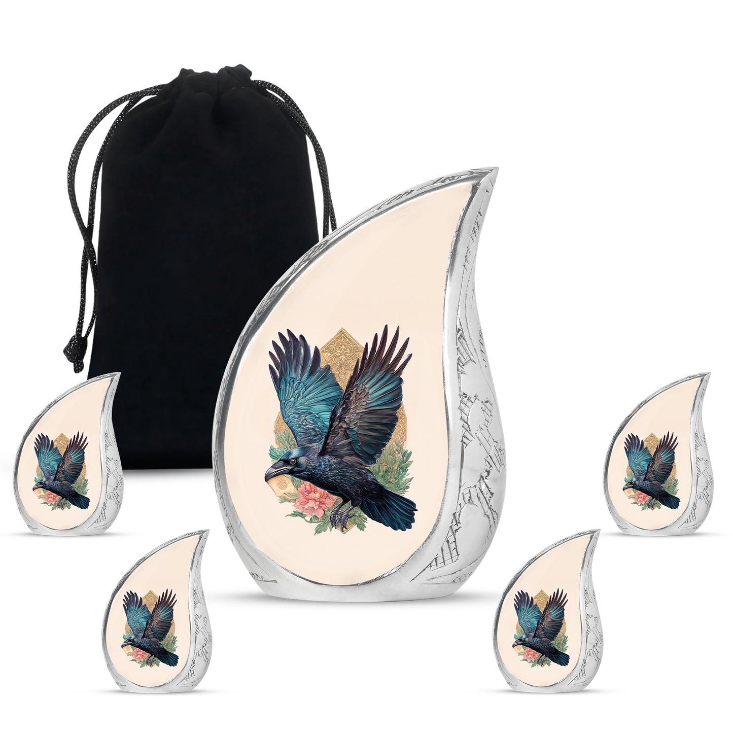 Warm Gold Crow Cremation Urn side profile showing urn shape - graceful tear-shaped urn with crow motif - memorial set with one large and four small urns