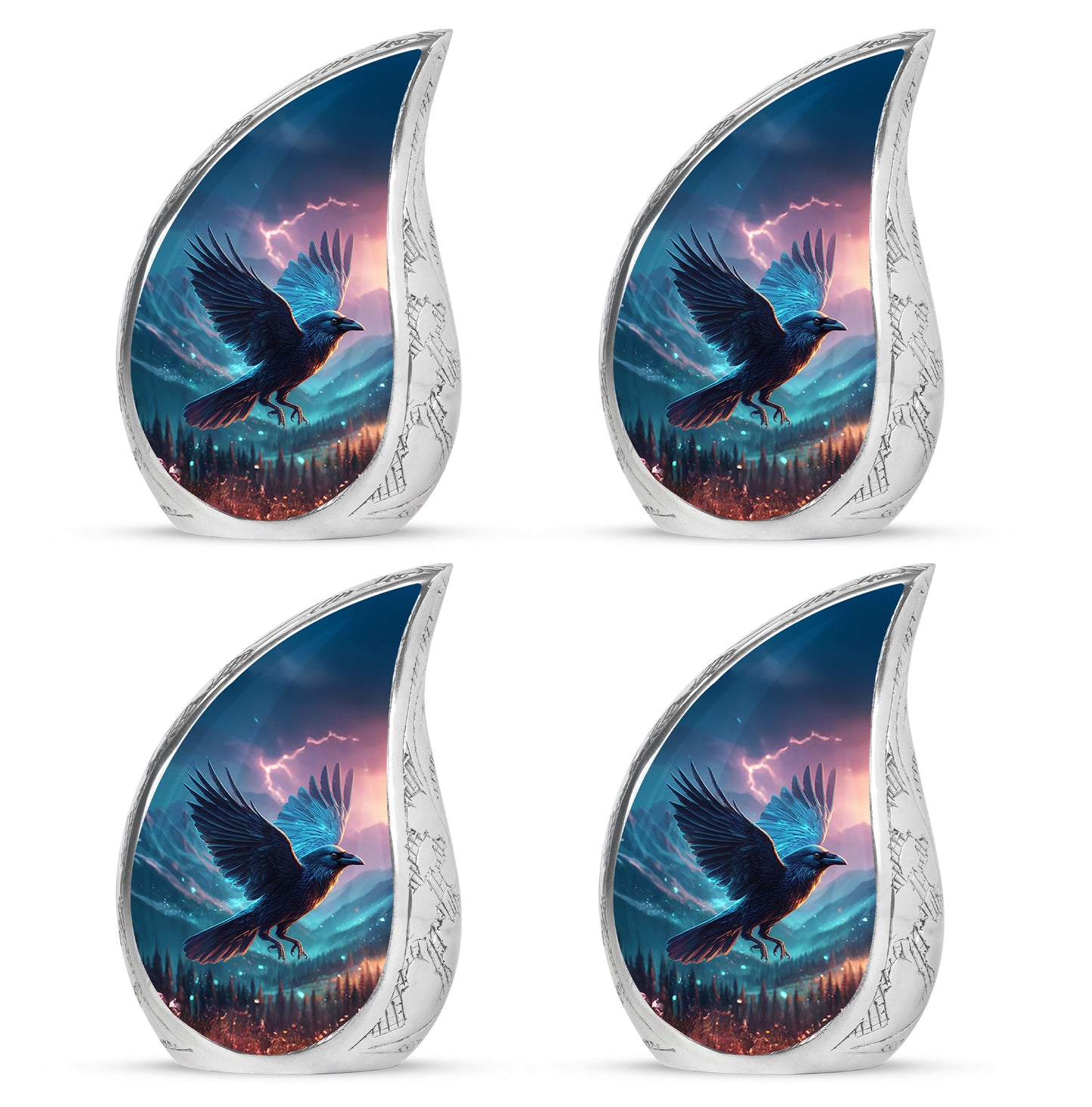Navy Blue Crow Cremation Urn close-up of engraving and surface detail - rounded teardrop crow design with delicate detail - 10 inch aluminum urn for cremated remains