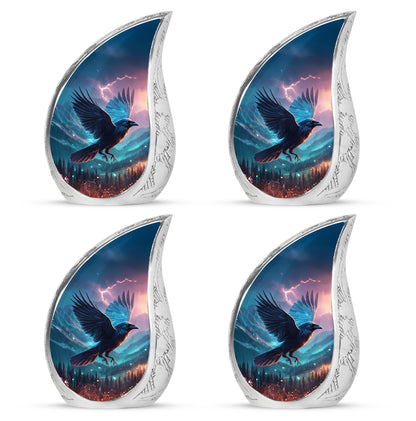 Navy Blue Crow Cremation Urn close-up of engraving and surface detail - rounded teardrop crow design with delicate detail - 10 inch aluminum urn for cremated remains