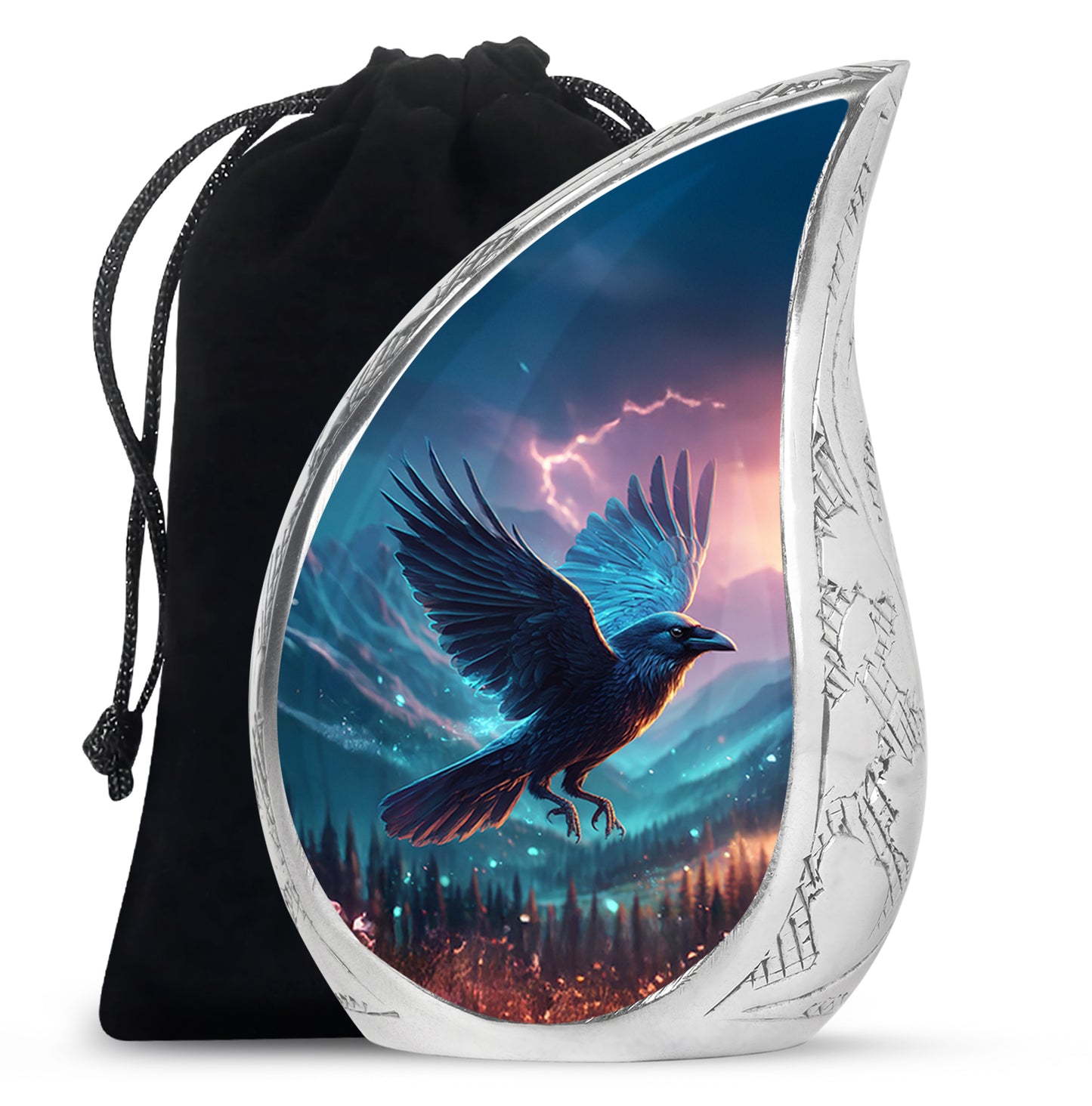 Sky Blue Crow Cremation Urn front view showing detailed design - rounded teardrop crow design with delicate detail - full-size 10 inch 200 cubic inch adult cremation urn
