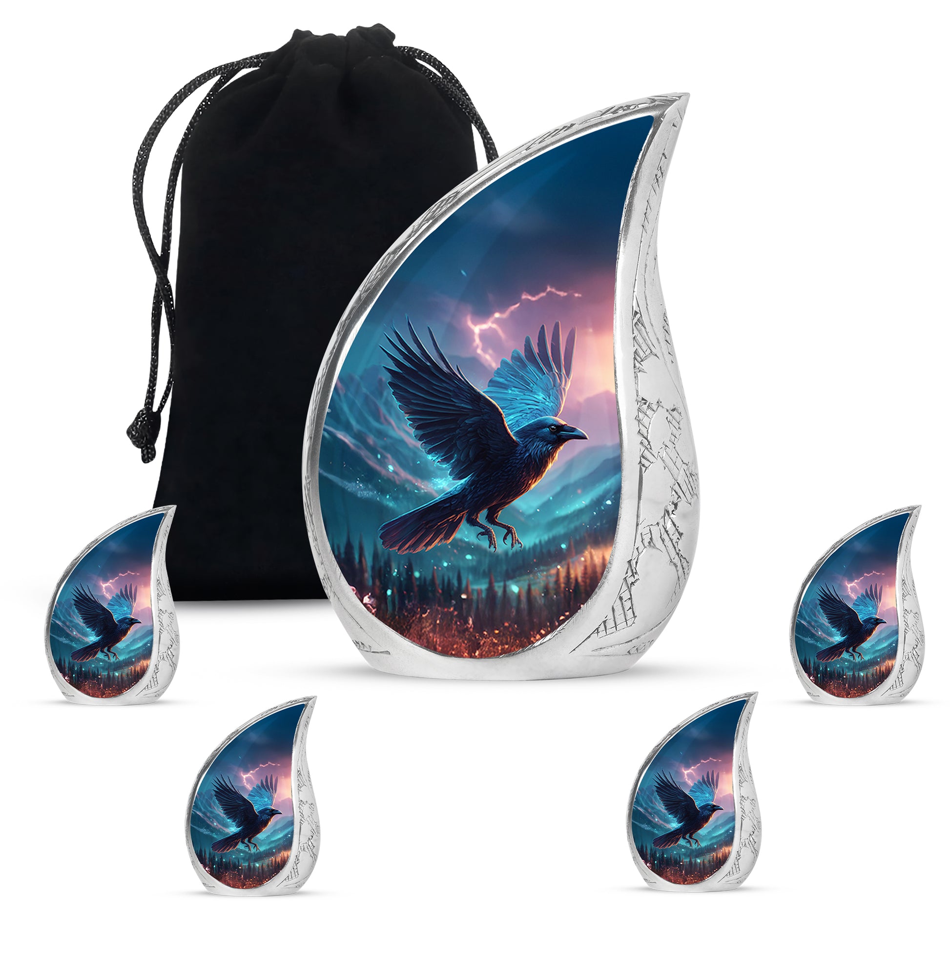 Navy Blue Crow Cremation Urn side profile showing urn shape - flowing teardrop crow silhouette on curved aluminum - memorial set with one large and four small urns