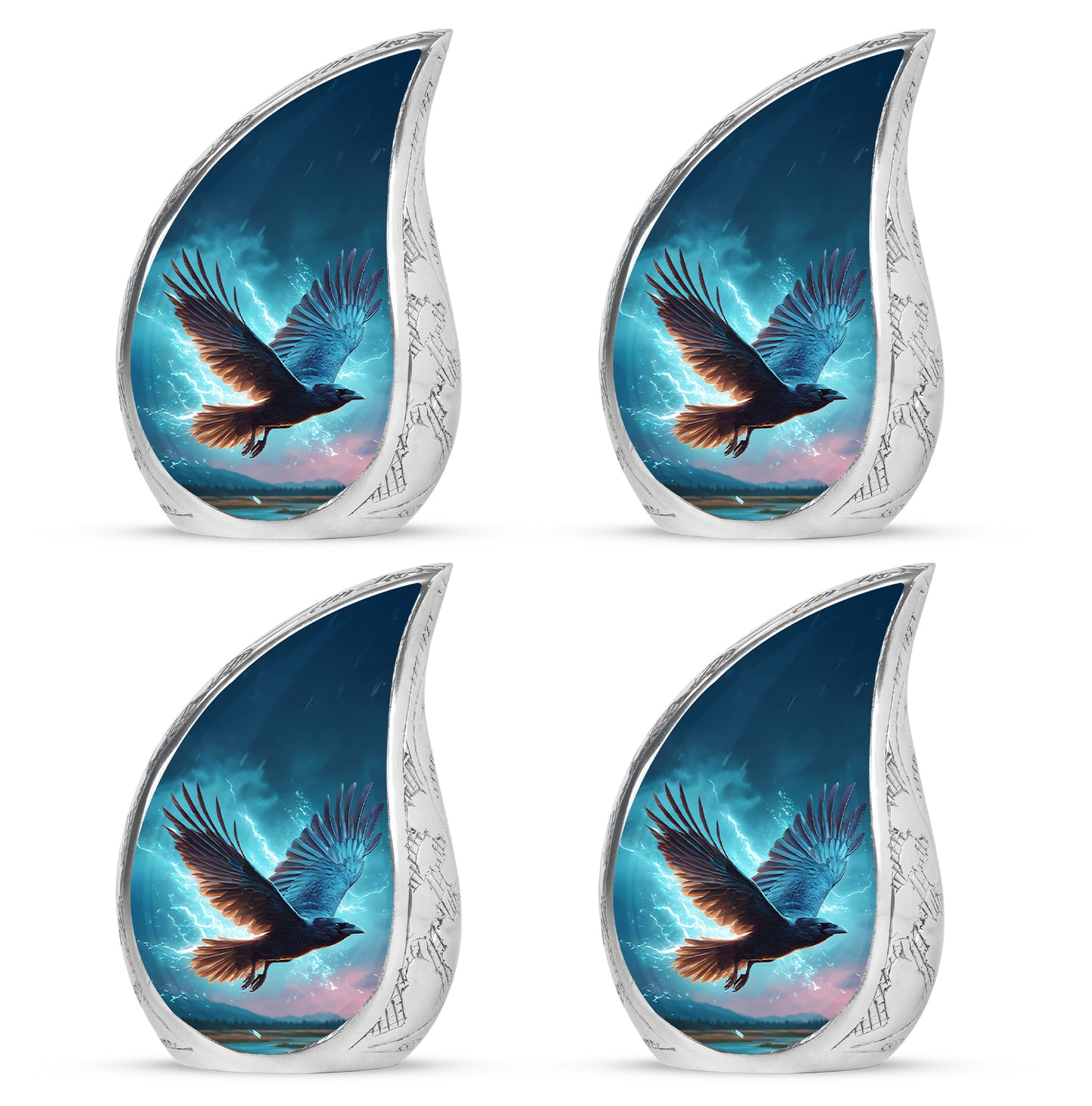 Cornflower Blue Crow Cremation Urn close-up of engraving and surface detail - graceful tear-shaped urn with crow motif - 10 inch aluminum urn for cremated remains