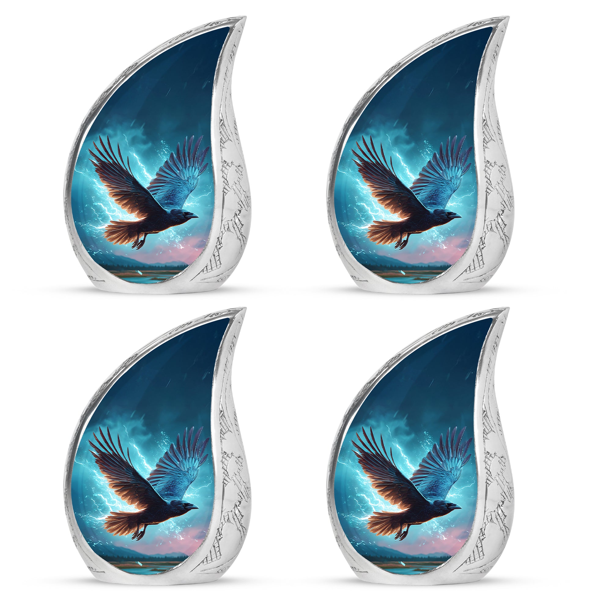 Cornflower Blue Crow Cremation Urn close-up of engraving and surface detail - graceful tear-shaped urn with crow motif - 10 inch aluminum urn for cremated remains