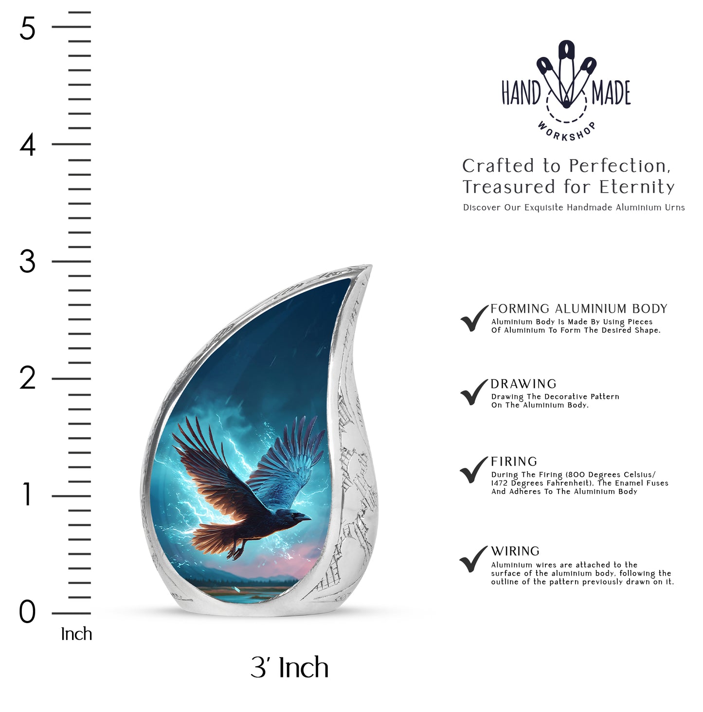 Slate Blue Crow Cremation Urn angled view of lid and engraved motif - rounded teardrop crow design with delicate detail - mini keepsake memorial for portion of cremation ashes