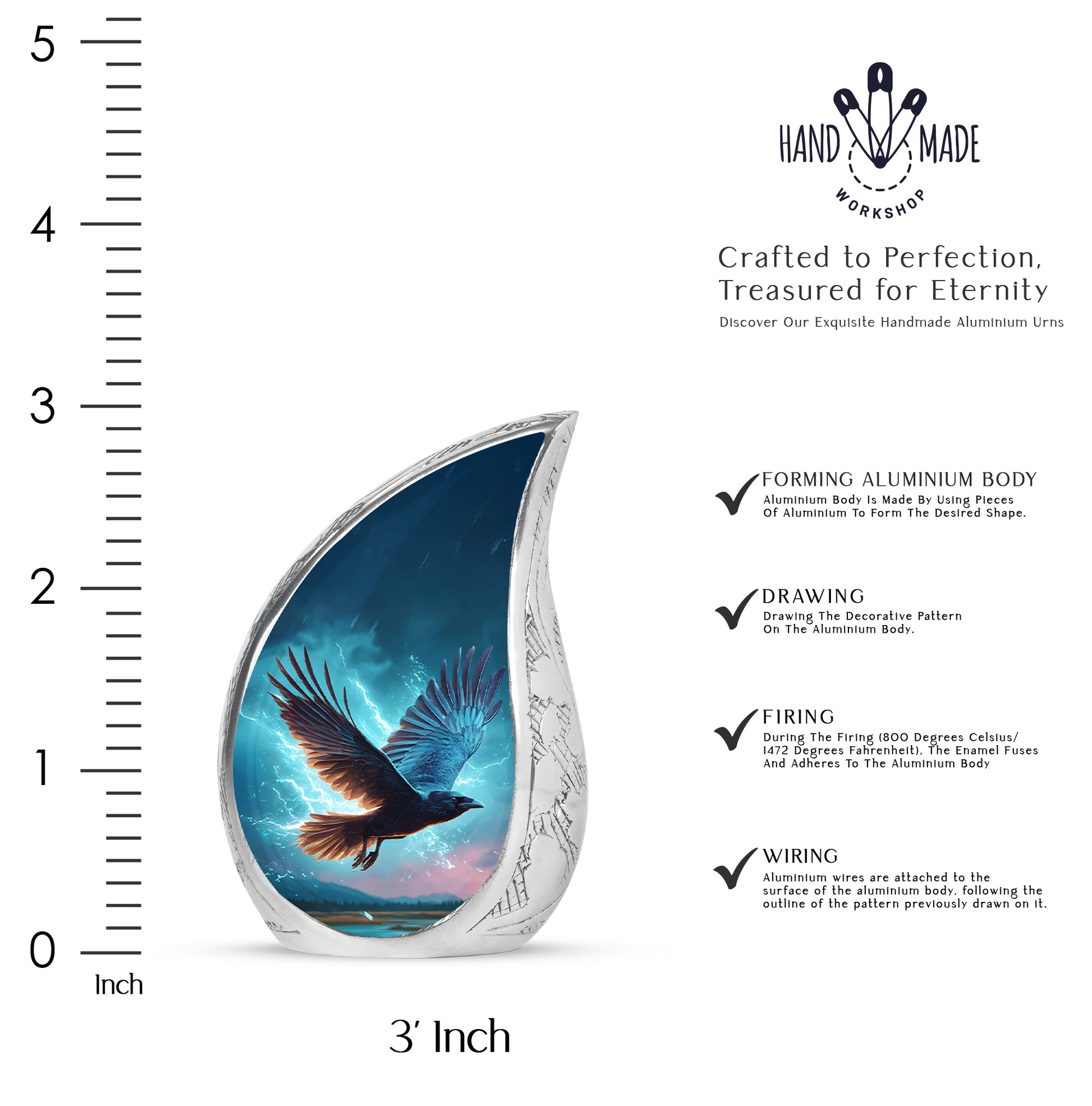 Slate Blue Crow Cremation Urn angled view of lid and engraved motif - rounded teardrop crow design with delicate detail - mini keepsake memorial for portion of cremation ashes