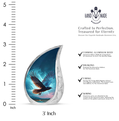 Slate Blue Crow Cremation Urn angled view of lid and engraved motif - rounded teardrop crow design with delicate detail - mini keepsake memorial for portion of cremation ashes