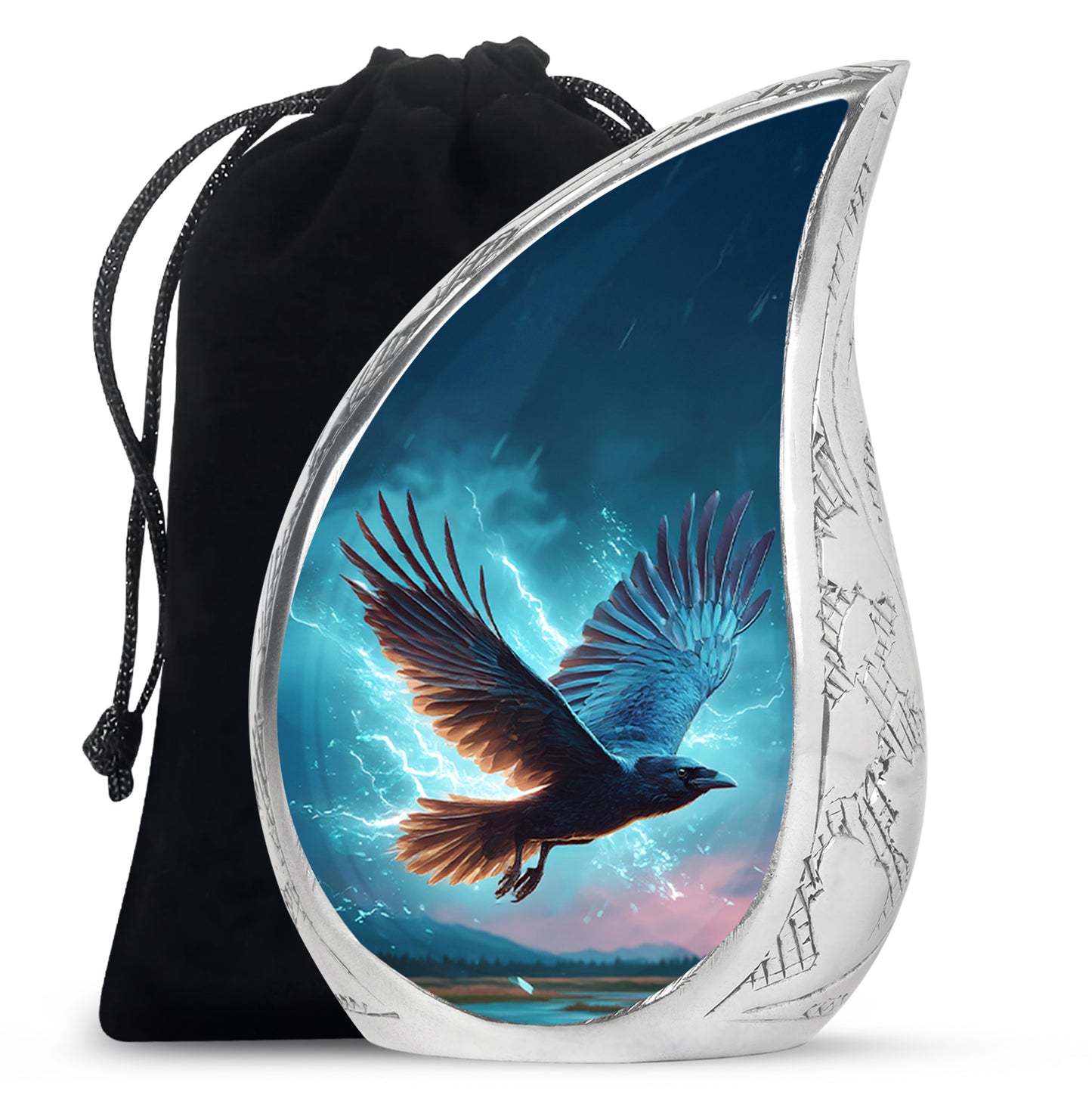 Powder Blue Crow Cremation Urn front view showing detailed design - rounded teardrop crow design with delicate detail - full-size 10 inch 200 cubic inch adult cremation urn