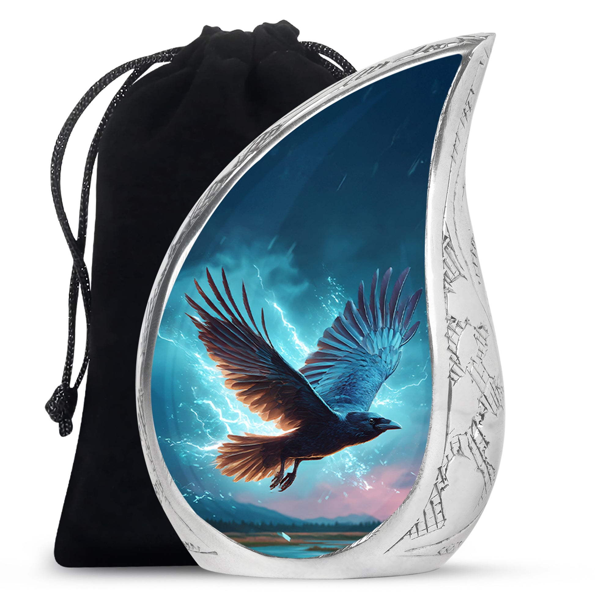 Powder Blue Crow Cremation Urn front view showing detailed design - rounded teardrop crow design with delicate detail - full-size 10 inch 200 cubic inch adult cremation urn