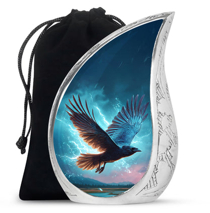 Powder Blue Crow Cremation Urn front view showing detailed design - rounded teardrop crow design with delicate detail - full-size 10 inch 200 cubic inch adult cremation urn