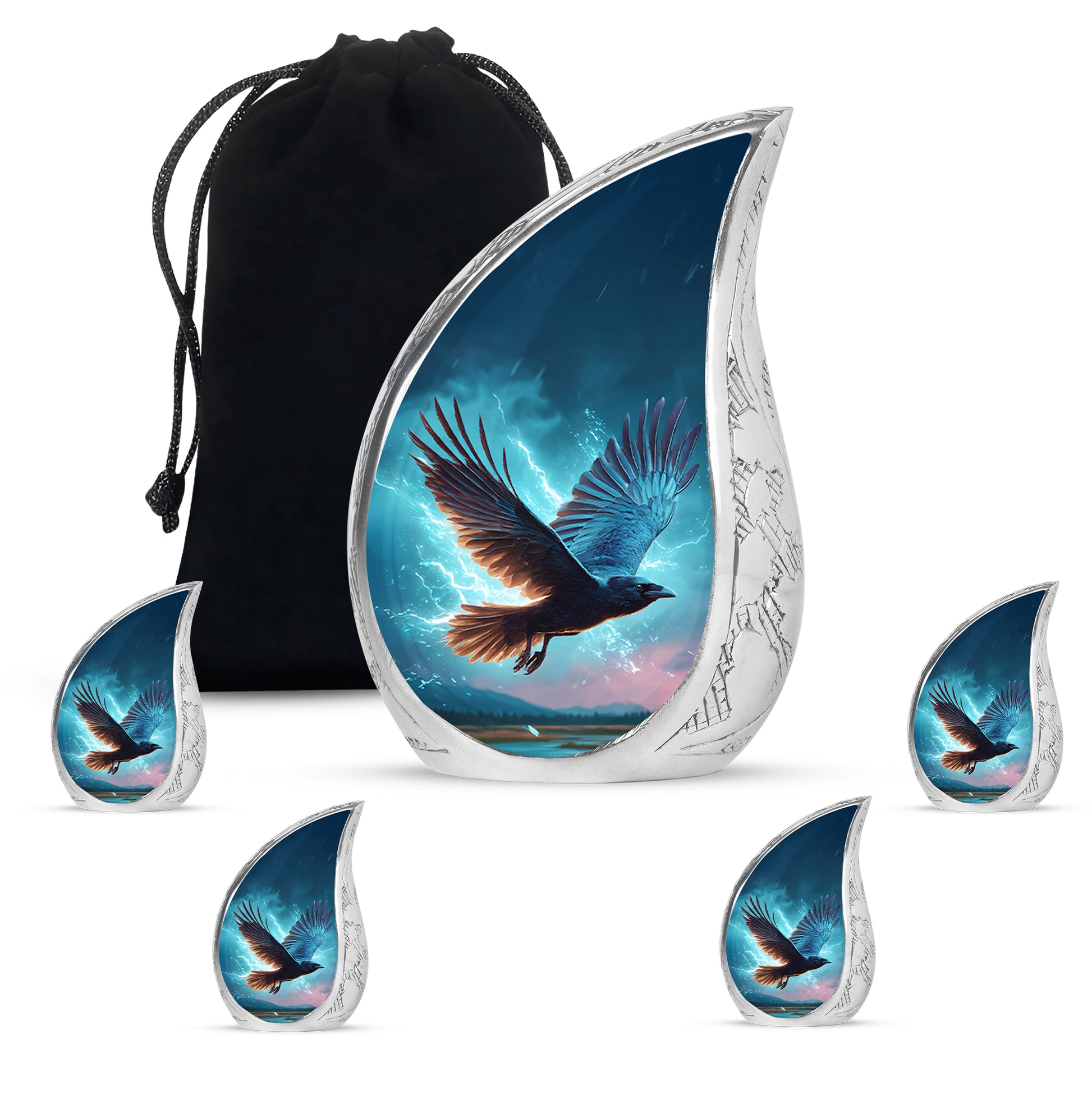 Misty Blue Crow Cremation Urn side profile showing urn shape - flowing teardrop crow silhouette on curved aluminum - memorial set with one large and four small urns