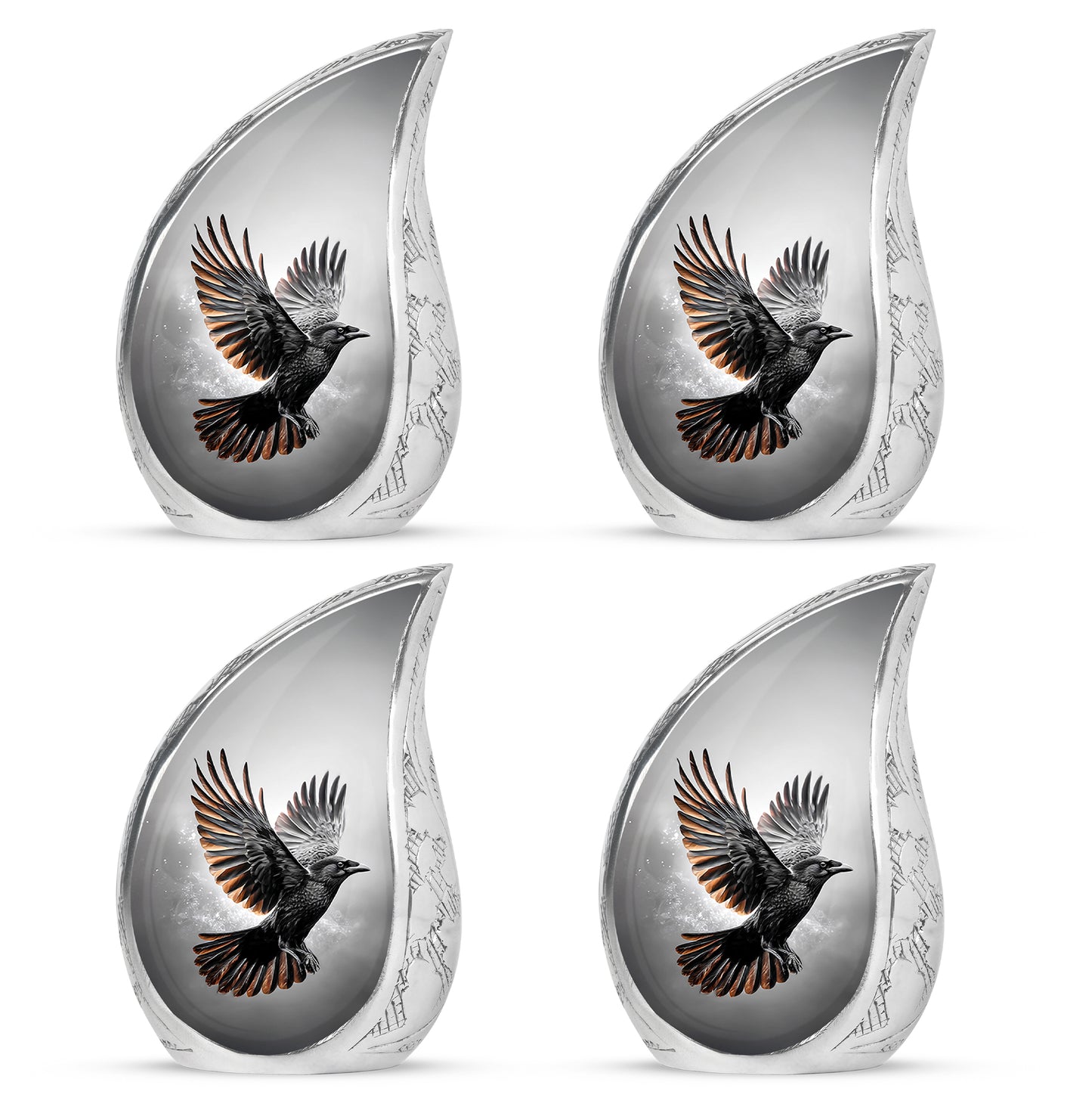 Midnight Black Crow Cremation Urn close-up of engraving and surface detail - smooth teardrop contour featuring crow art - 10 inch aluminum urn for cremated remains