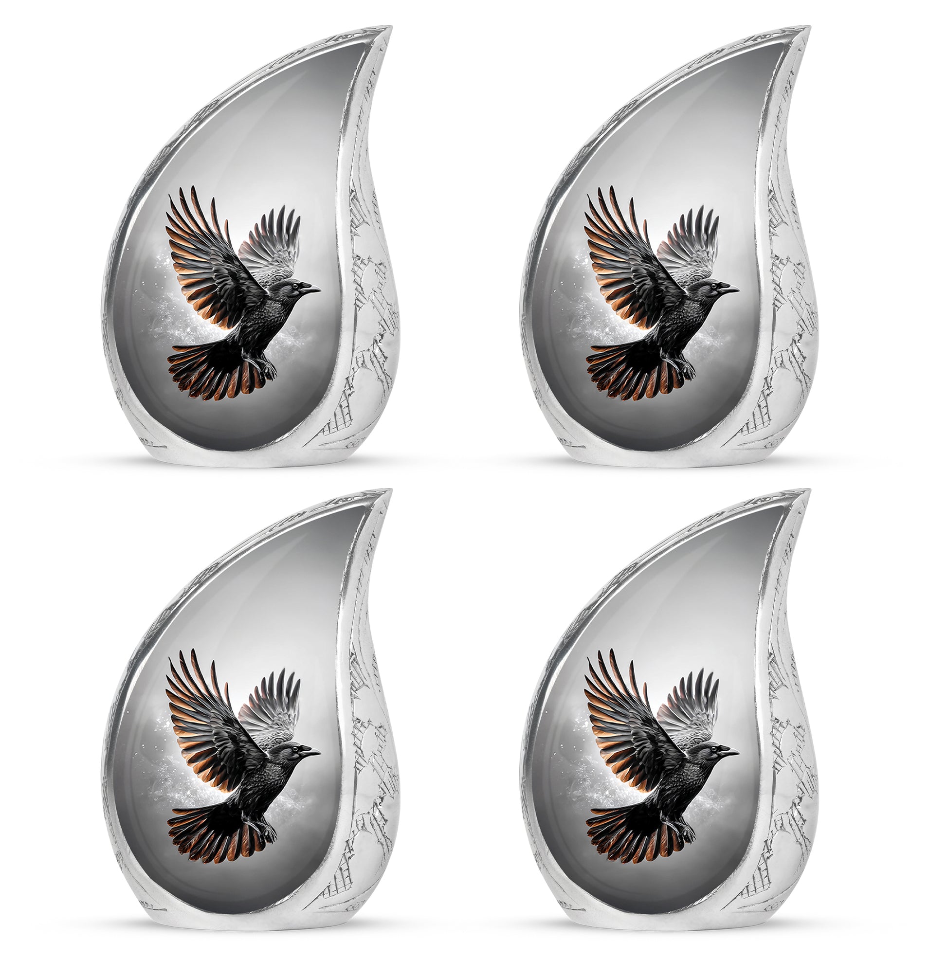 Midnight Black Crow Cremation Urn close-up of engraving and surface detail - smooth teardrop contour featuring crow art - 10 inch aluminum urn for cremated remains