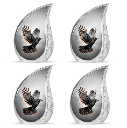 Midnight Black Crow Cremation Urn close-up of engraving and surface detail - smooth teardrop contour featuring crow art - 10 inch aluminum urn for cremated remains