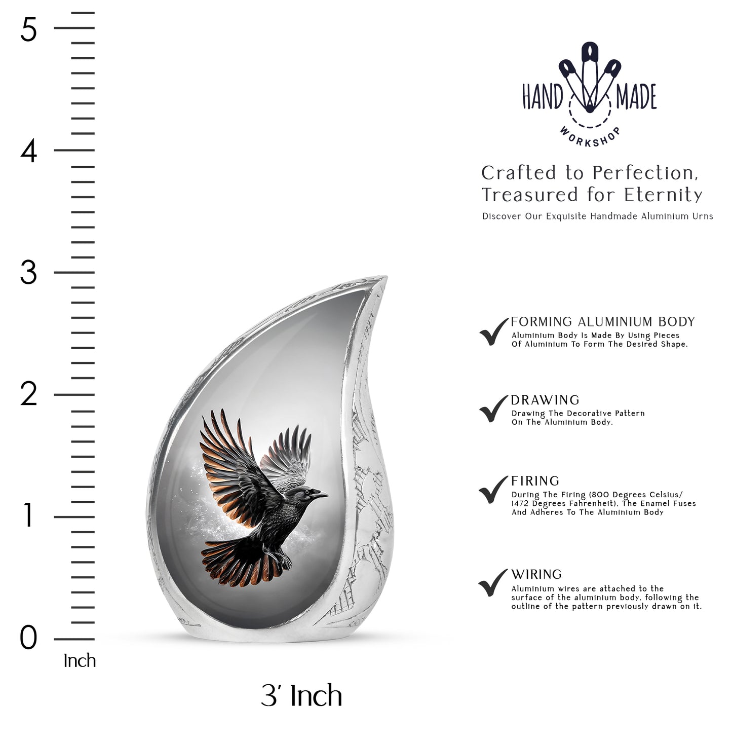 Onyx Black Crow Cremation Urn angled view of lid and engraved motif - smooth teardrop contour featuring crow art - mini keepsake memorial for portion of cremation ashes