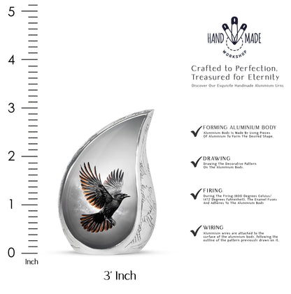 Onyx Black Crow Cremation Urn angled view of lid and engraved motif - smooth teardrop contour featuring crow art - mini keepsake memorial for portion of cremation ashes
