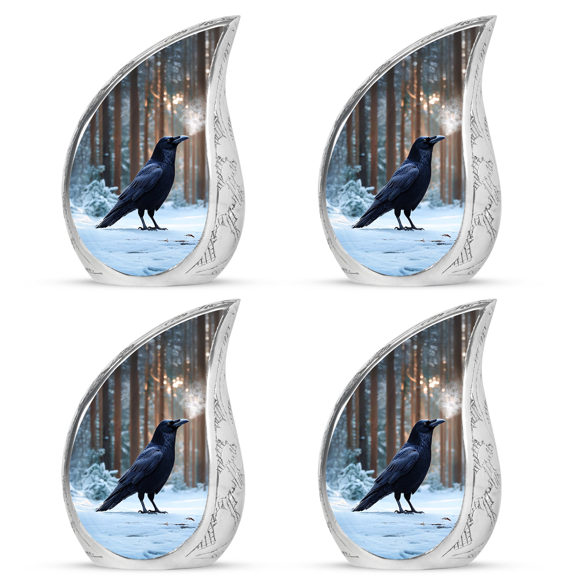 Bright Blue Crow Cremation Urn close-up of engraving and surface detail - graceful tear-shaped urn with crow motif - 10 inch aluminum urn for cremated remains