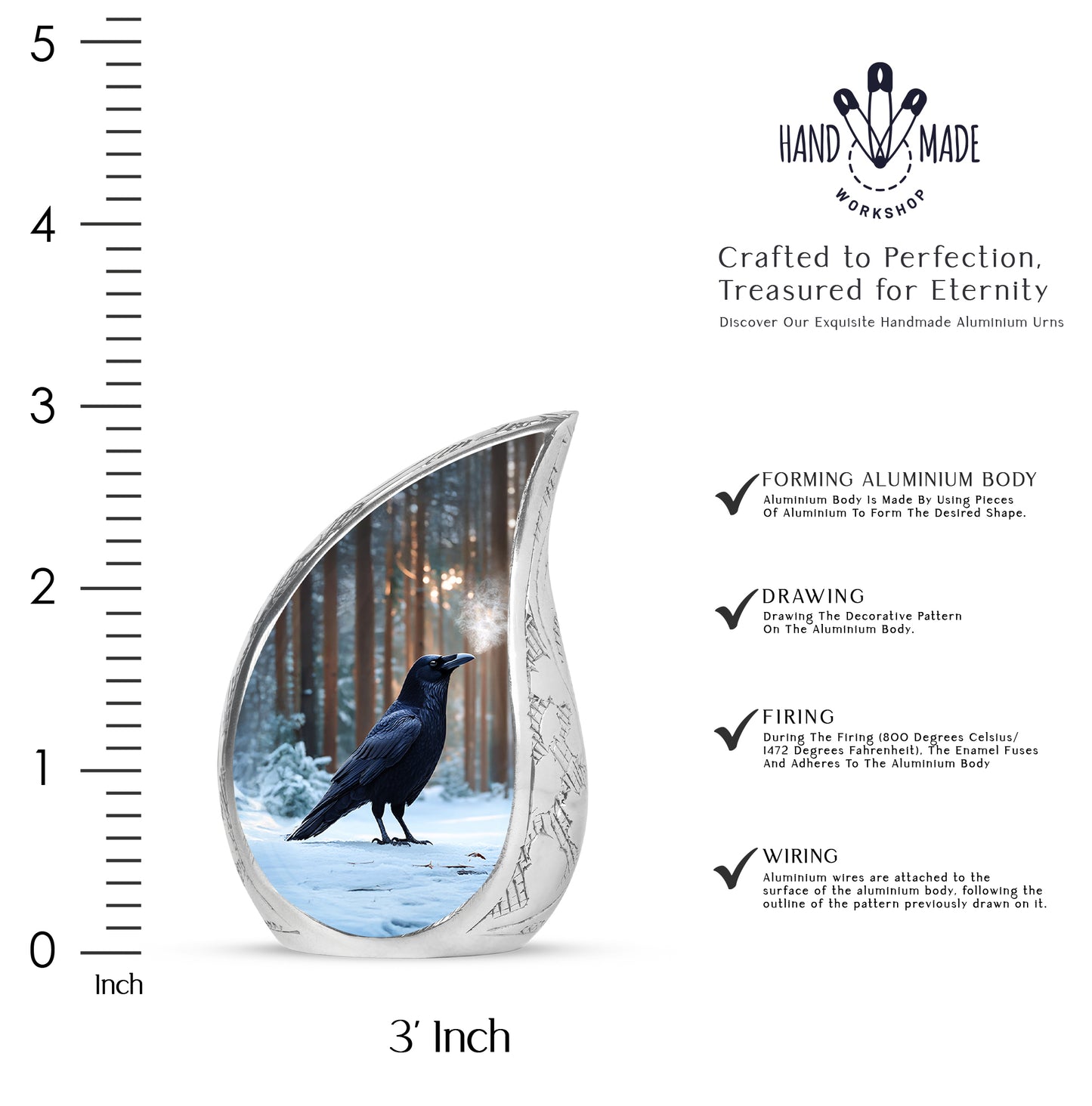 Sky Blue Crow Cremation Urn angled view of lid and engraved motif - flowing teardrop crow silhouette on curved aluminum - mini keepsake memorial for portion of cremation ashes