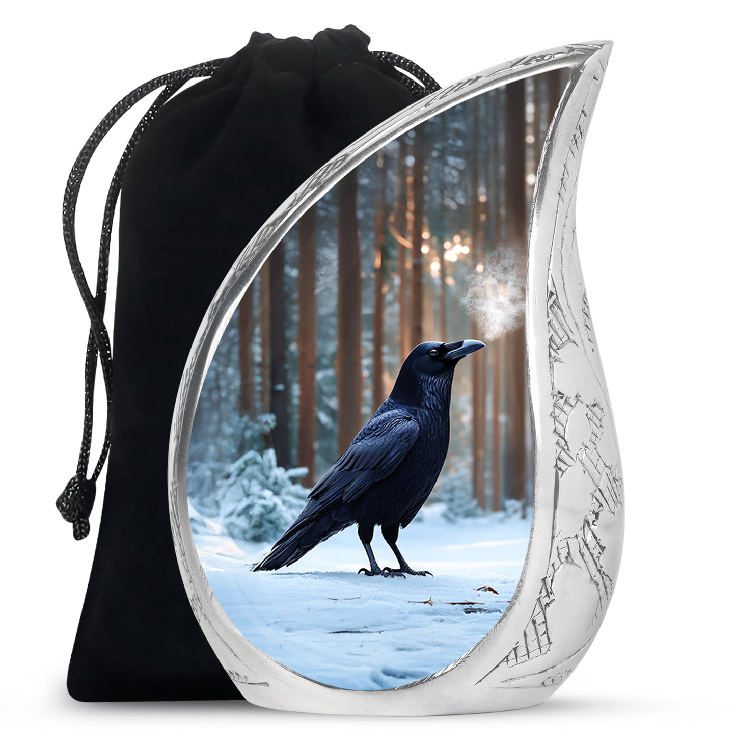 Twilight Blue Crow Cremation Urn front view showing detailed design - smooth teardrop contour featuring crow art - full-size 10 inch 200 cubic inch adult cremation urn