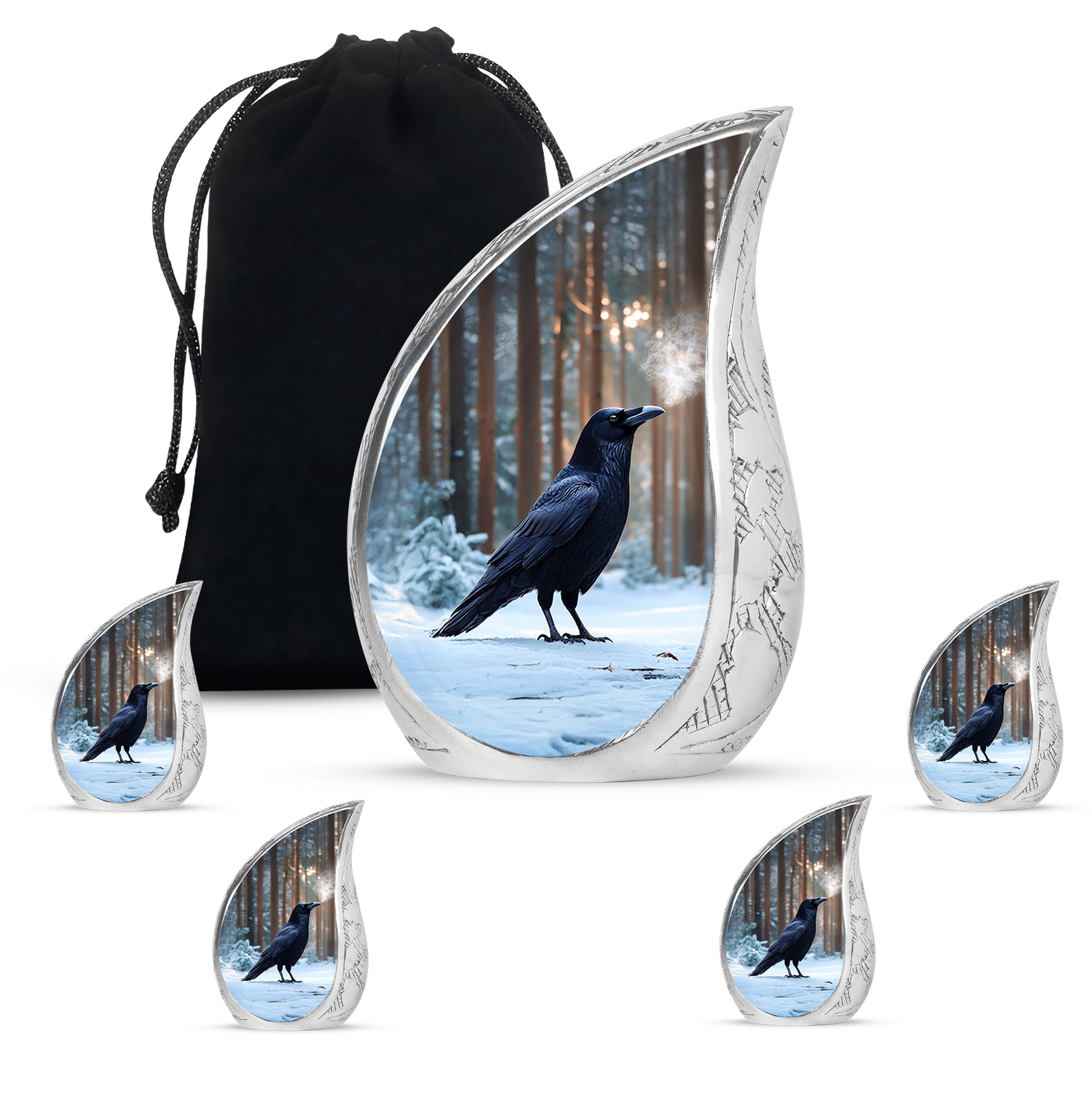 Misty Blue Crow Cremation Urn side profile showing urn shape - flowing teardrop crow silhouette on curved aluminum - memorial set with one large and four small urns